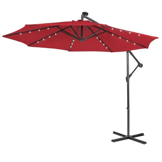 10 Feet Patio Solar Powered Cantilever Umbrella with Tilting System-Red