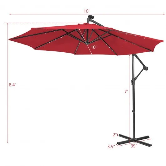 10 Feet Patio Solar Powered Cantilever Umbrella with Tilting System-Red