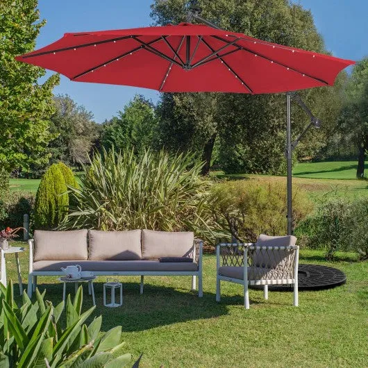 10 Feet Patio Solar Powered Cantilever Umbrella with Tilting System-Red