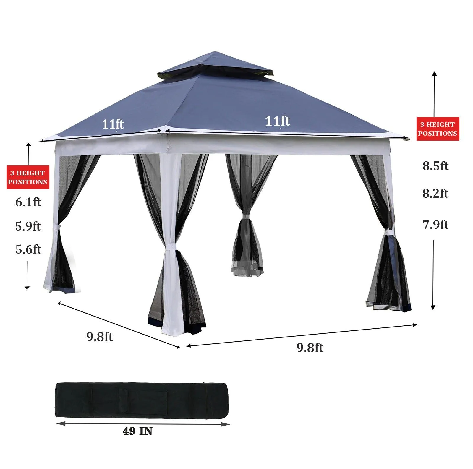 11x 11Ft Pop Up Gazebo Canopy With Removable Zipper Netting,2-Tier Soft Top Event Tent,blue