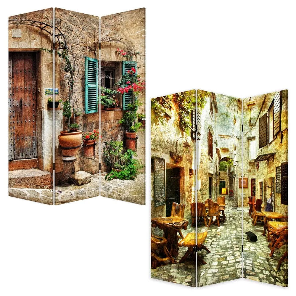 72 Inch 3 Panel Canvas Room Divider, Streets, Flowers, Plants, Multicolor By Casagear Home