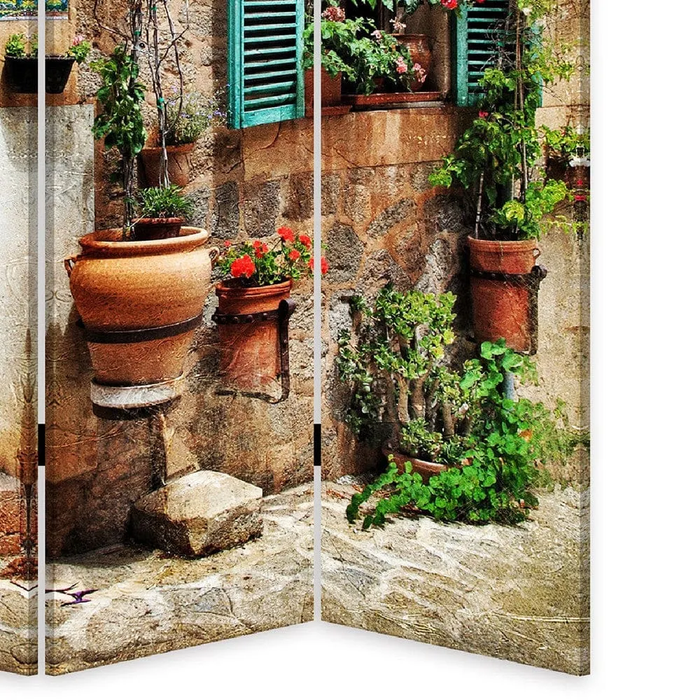 72 Inch 3 Panel Canvas Room Divider, Streets, Flowers, Plants, Multicolor By Casagear Home