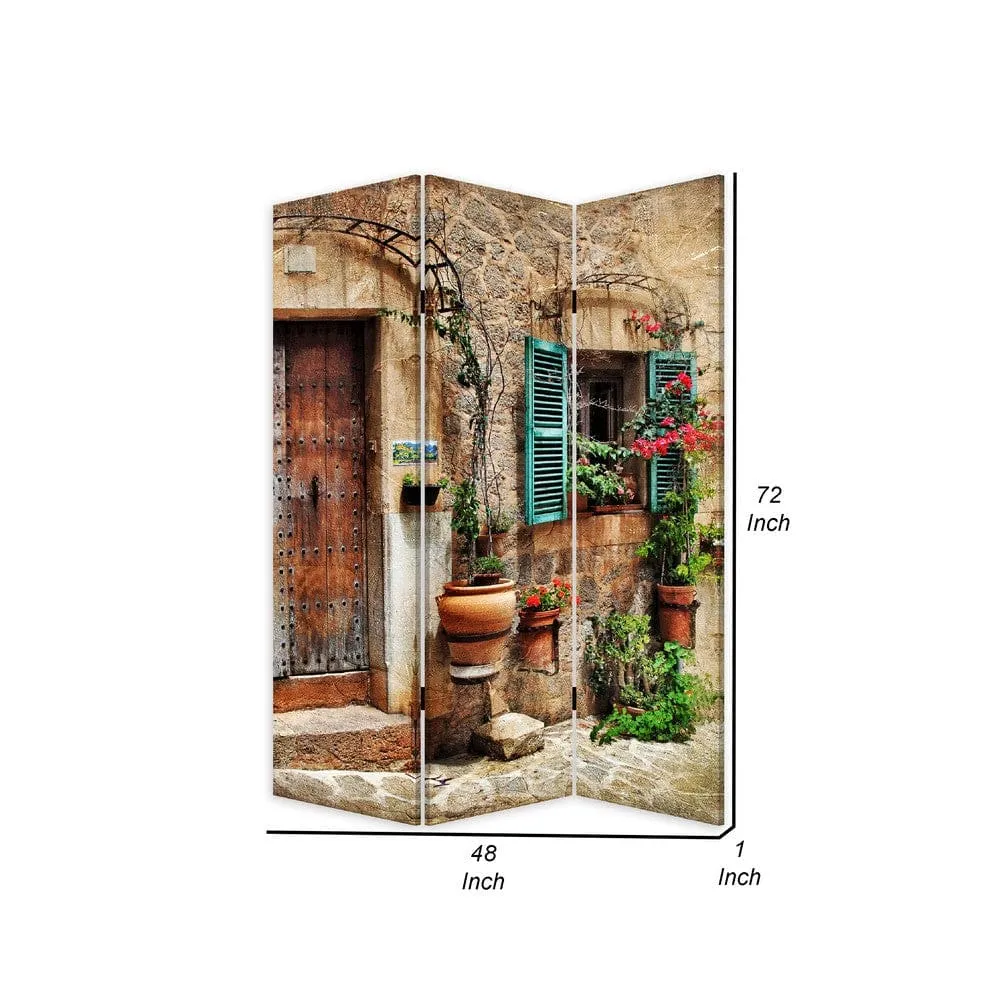 72 Inch 3 Panel Canvas Room Divider, Streets, Flowers, Plants, Multicolor By Casagear Home