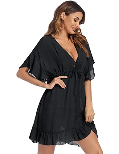 AI'MAGE Swimsuit Cover Up with Drawstring Loose Bathing Suit Cover Up Women Beachwear Dress Khaki