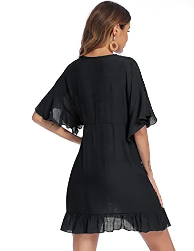 AI'MAGE Swimsuit Cover Up with Drawstring Loose Bathing Suit Cover Up Women Beachwear Dress Khaki