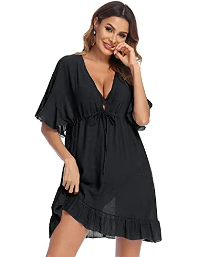 AI'MAGE Swimsuit Cover Up with Drawstring Loose Bathing Suit Cover Up Women Beachwear Dress Khaki