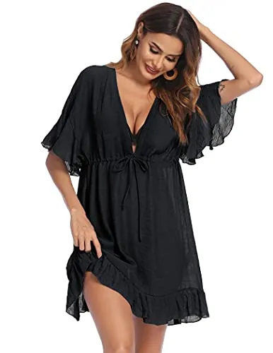AI'MAGE Swimsuit Cover Up with Drawstring Loose Bathing Suit Cover Up Women Beachwear Dress Khaki