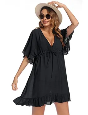 AI'MAGE Swimsuit Cover Up with Drawstring Loose Bathing Suit Cover Up Women Beachwear Dress Khaki