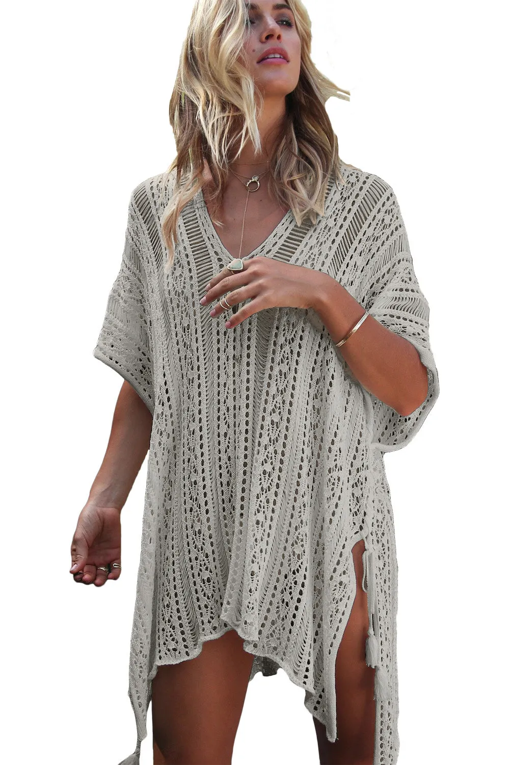 Crochet Knitted Tassel Tie Kimono Beachwear