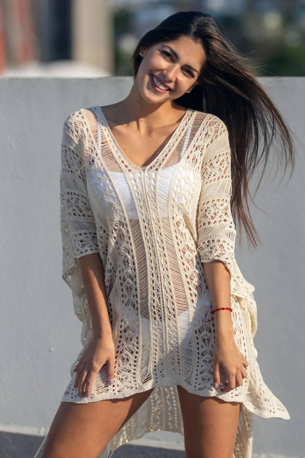 Crochet Knitted Tassel Tie Kimono Beachwear