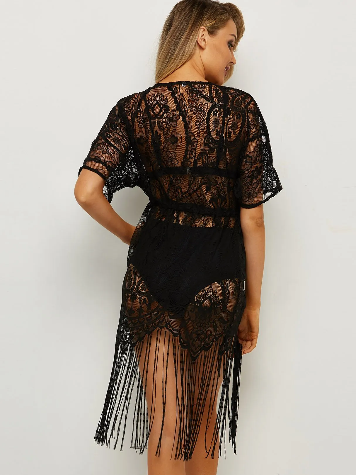 Custom Tassel Short Sleeve Tassel Hem Black Beach Cover Ups