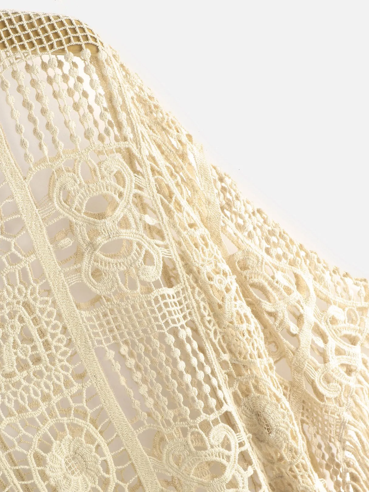Custom V-Neck Tassel Hollow Short Sleeve Beige Beachwear