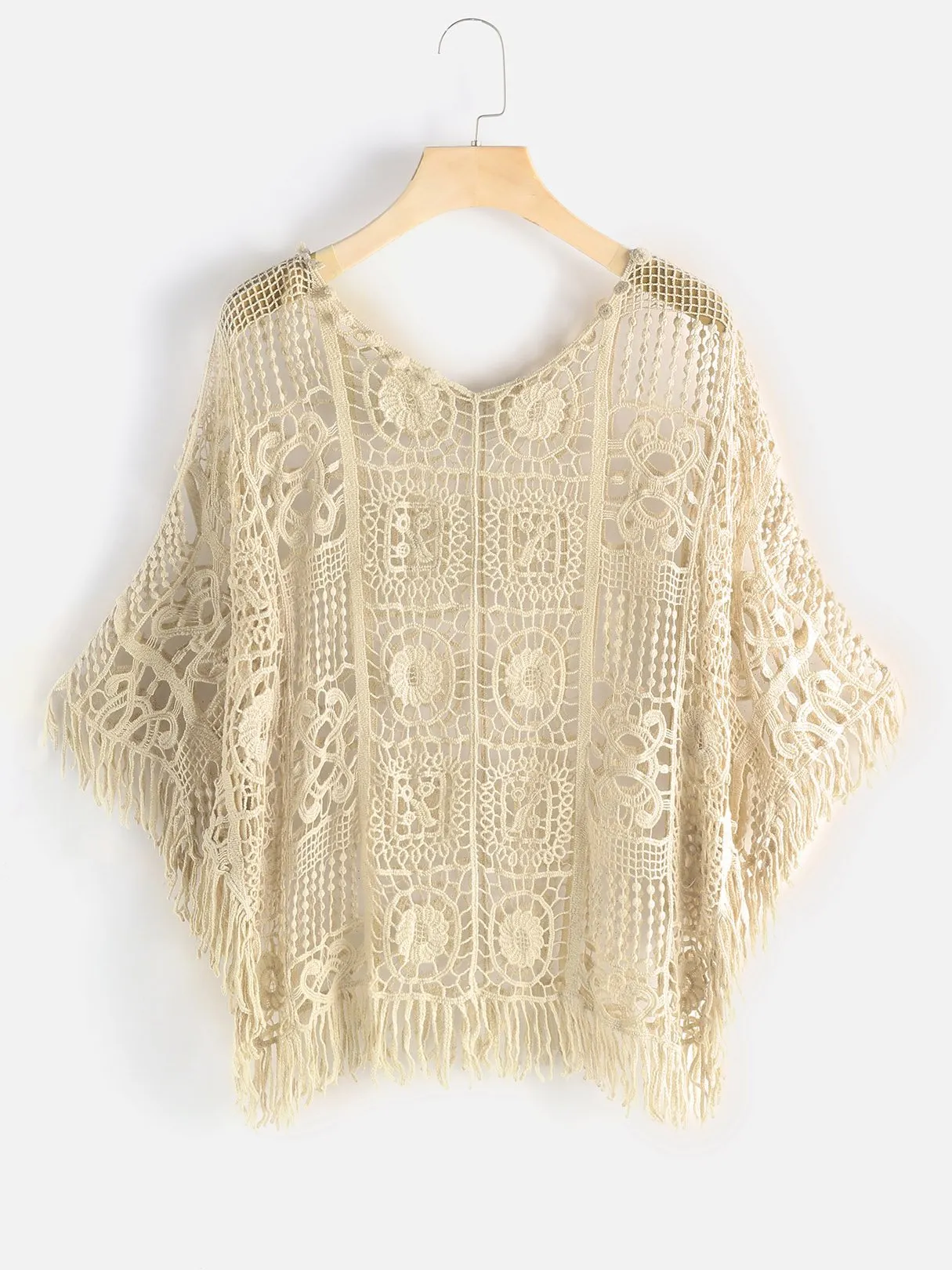 Custom V-Neck Tassel Hollow Short Sleeve Beige Beachwear