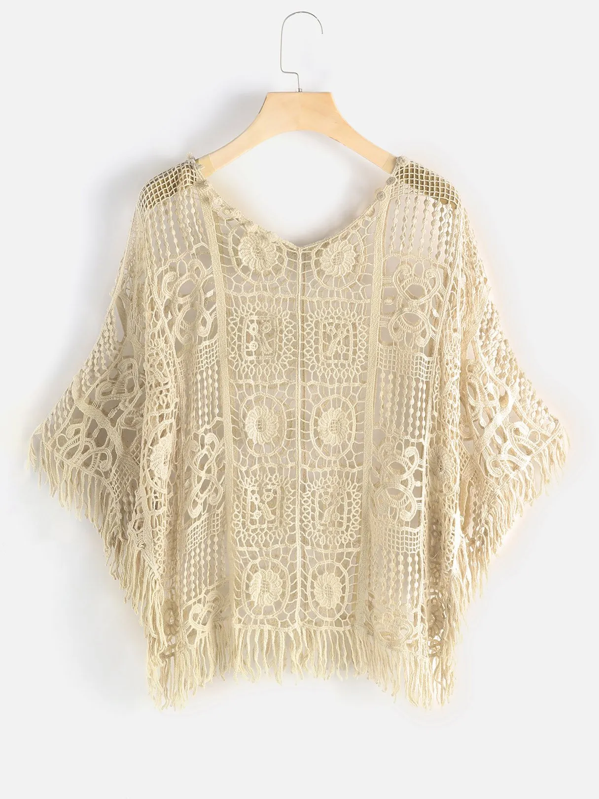 Custom V-Neck Tassel Hollow Short Sleeve Beige Beachwear