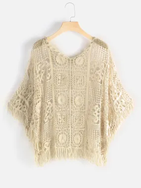 Custom V-Neck Tassel Hollow Short Sleeve Beige Beachwear