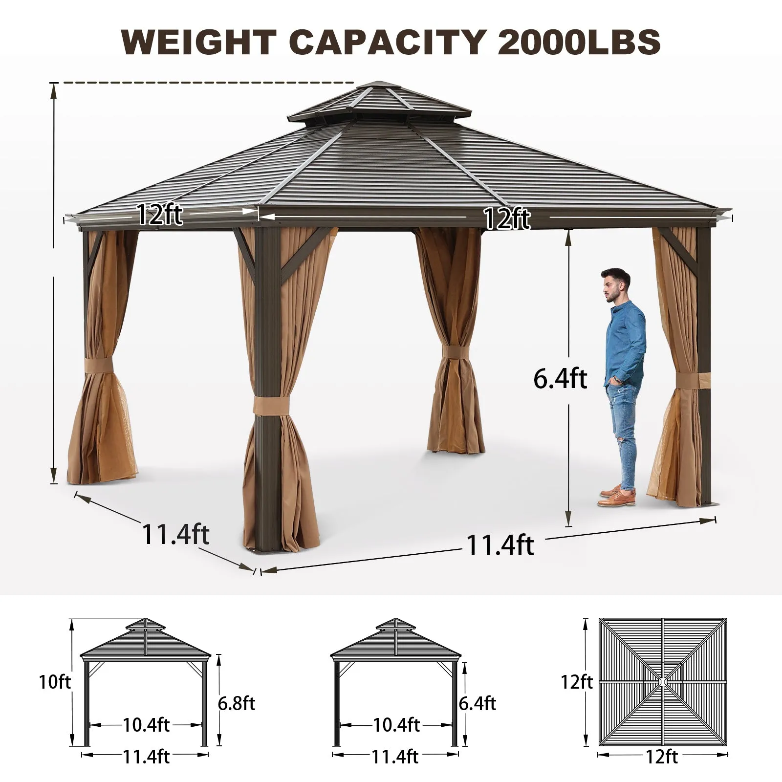 Delta 12X12 ft Patio Gazebo with Netting & Curtains - Brown