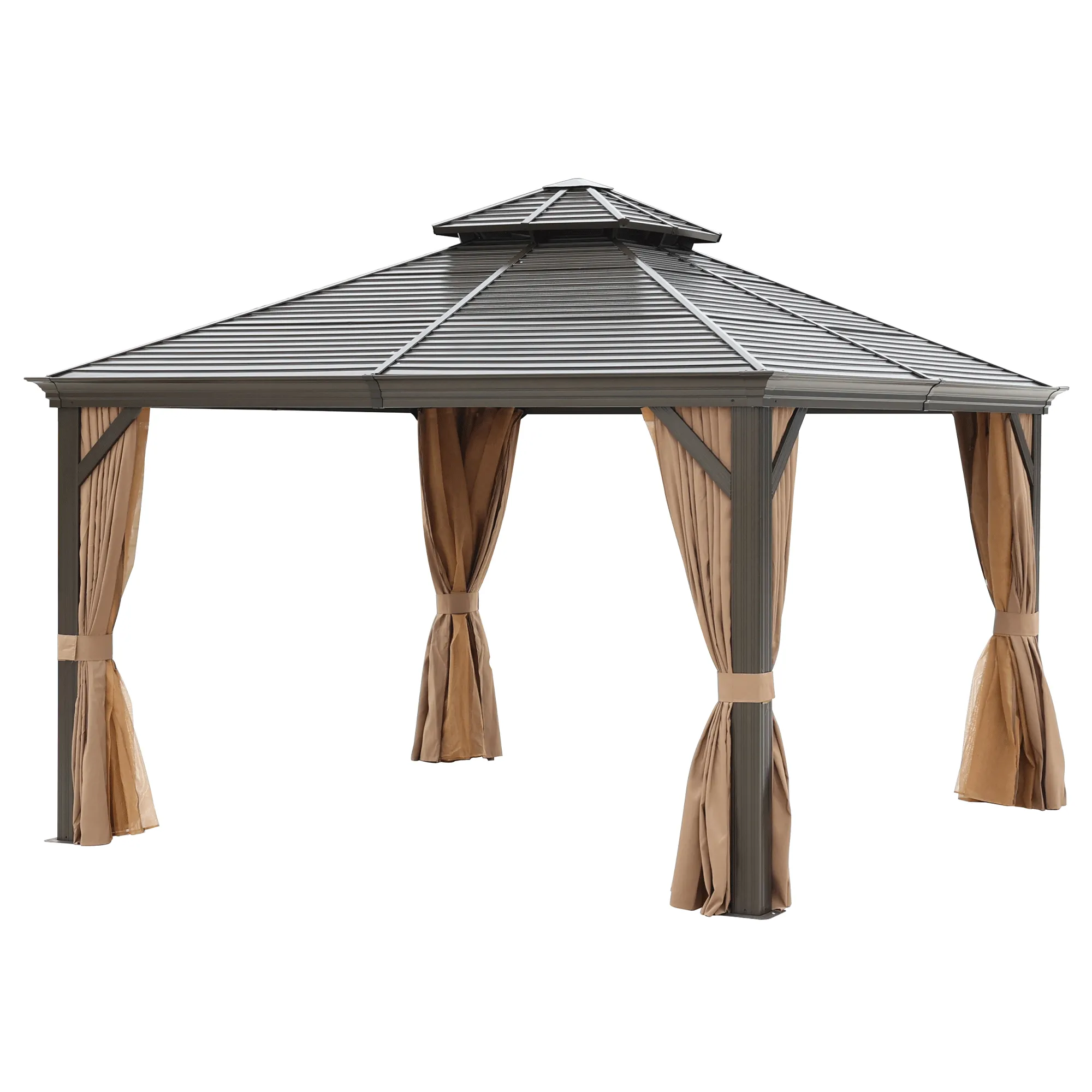 Delta 12X12 ft Patio Gazebo with Netting & Curtains - Brown