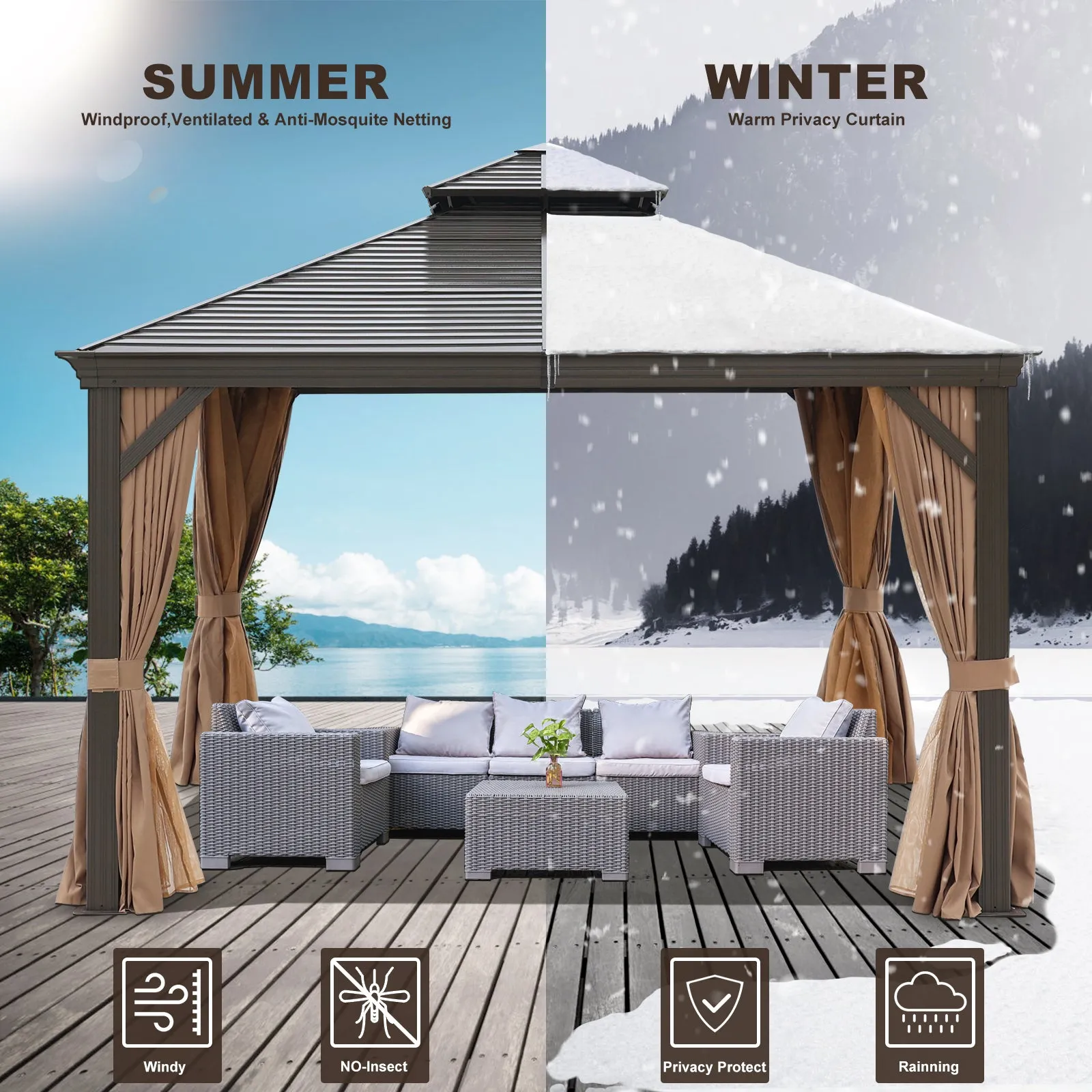 Delta 12X12 ft Patio Gazebo with Netting & Curtains - Brown