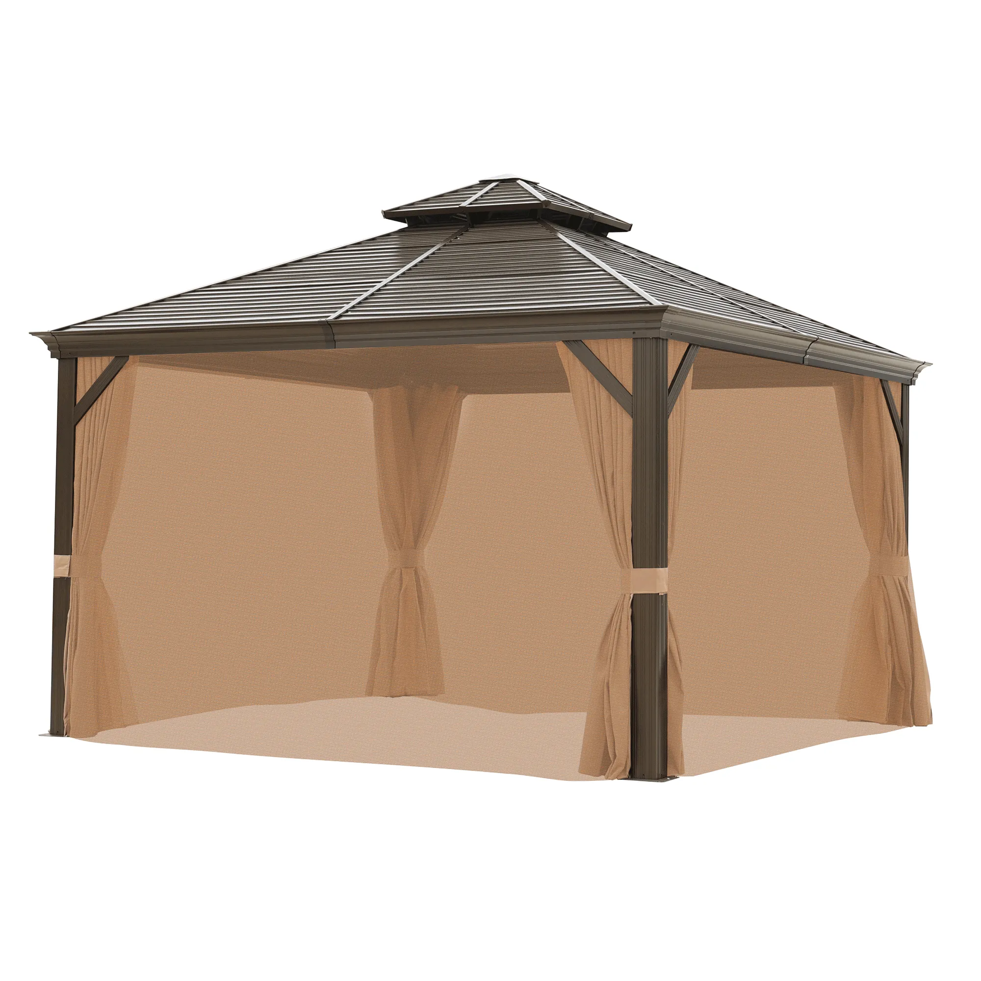 Delta 12X12 ft Patio Gazebo with Netting & Curtains - Brown