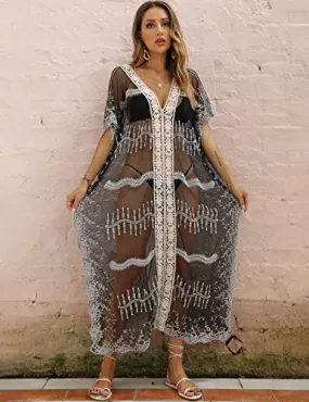 Eddoyee Women Long Kaftan Dresses Embroidered Mesh Caftans Swimsuit Cover Up Black