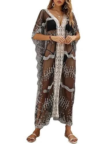 Eddoyee Women Long Kaftan Dresses Embroidered Mesh Caftans Swimsuit Cover Up Black