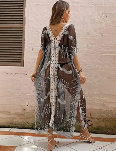 Eddoyee Women Long Kaftan Dresses Embroidered Mesh Caftans Swimsuit Cover Up Black