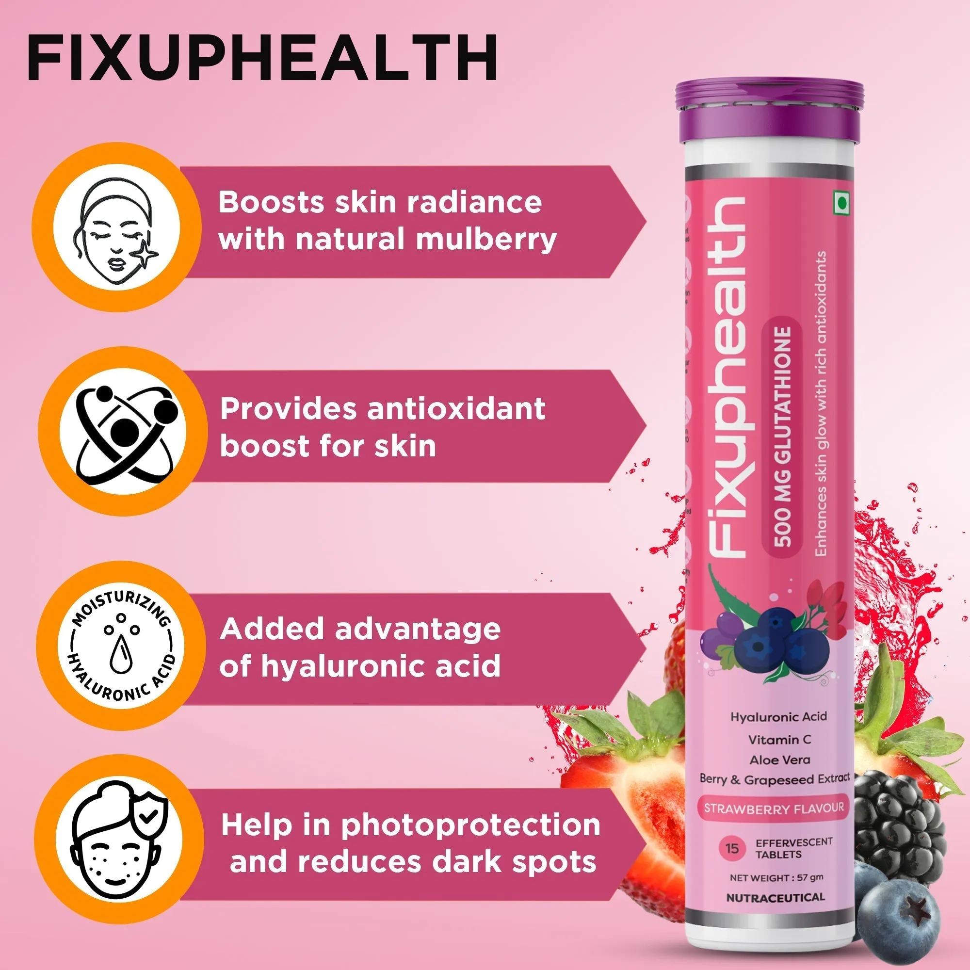 Fixuphealth Glutathione Vitamin C Aloe Vera Berry and Grapeseed Extract Effervescent Tablets Strawberry Flavour Pack of 6 15 tablets each pack Useful for Boost skin radiance glow & antioxidant