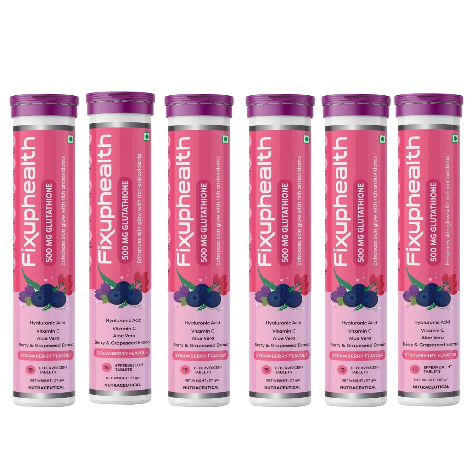 Fixuphealth Glutathione Vitamin C Aloe Vera Berry and Grapeseed Extract Effervescent Tablets Strawberry Flavour Pack of 6 15 tablets each pack Useful for Boost skin radiance glow & antioxidant