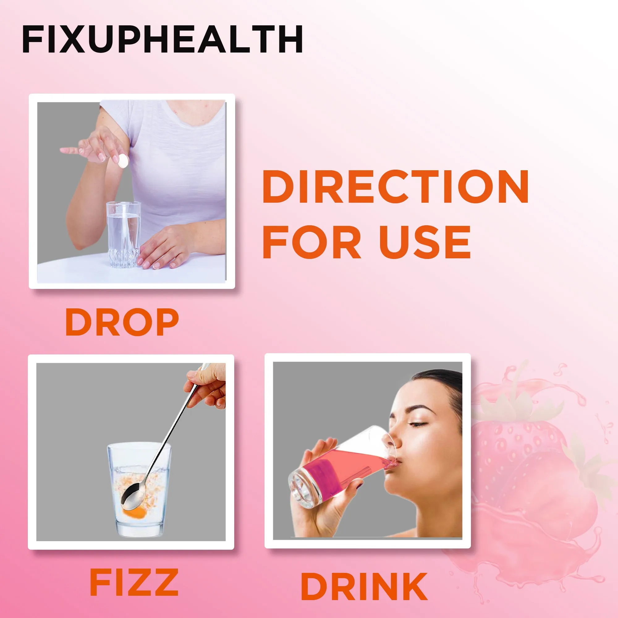 Fixuphealth Glutathione Vitamin C Aloe Vera Berry and Grapeseed Extract Effervescent Tablets Strawberry Flavour Pack of 6 15 tablets each pack Useful for Boost skin radiance glow & antioxidant