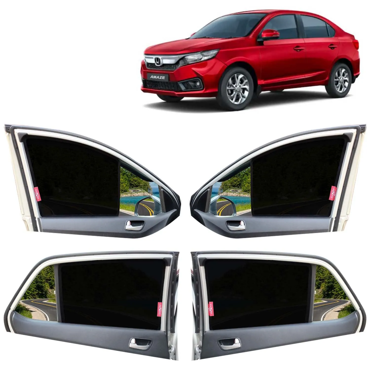 KINGSWAY® Amaze Car Sun Shade Z-Black Non Magnetic Fix Type Curtains for 2023 Onwards Model, Compatible with Honda Amaze Side Window Car Sunshade, Only Half Cut in Front Window, Black, 4 Piece