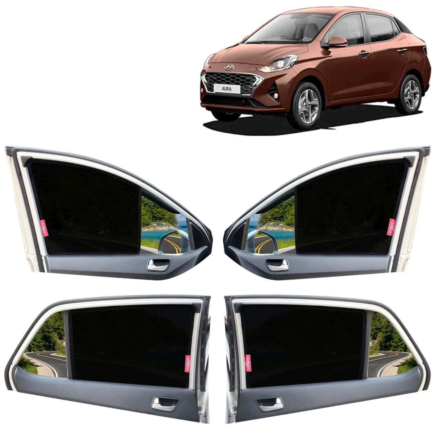 KINGSWAY® Aura Car Sun Shade Z-Black Non Magnetic Fix Type Curtains for 2020 to 2022 Model, Compatible with Hyundai Aura Side Window Car Sunshade, Only Half Cut in Front Window, Black, 4 Piece
