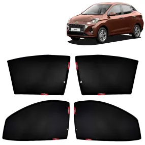 KINGSWAY® Aura Car Sun Shade Z-Black Non Magnetic Fix Type Curtains for 2020 to 2022 Model, Compatible with Hyundai Aura Side Window Car Sunshade, Only Half Cut in Front Window, Black, 4 Piece
