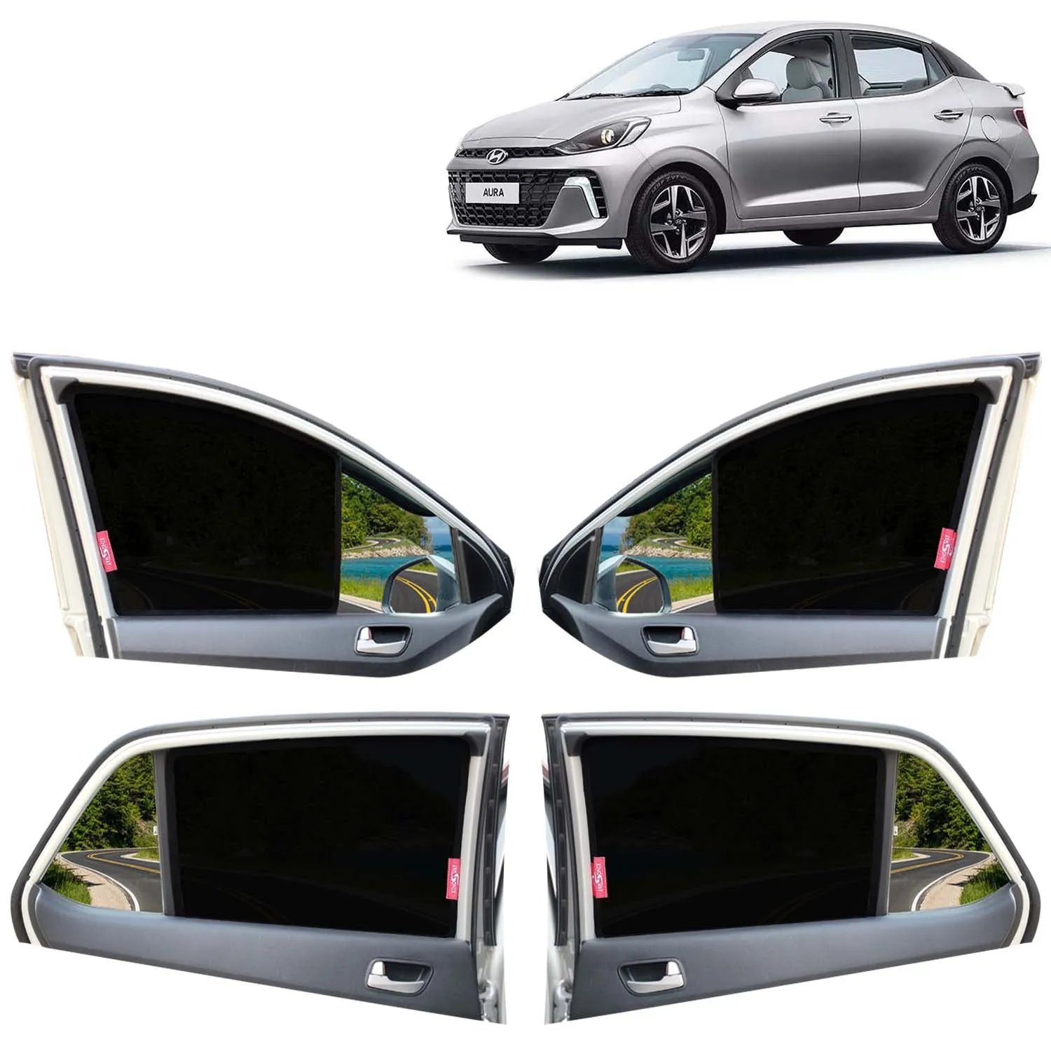 KINGSWAY® Aura Car Sun Shade Z-Black Non Magnetic Fix Type Curtains for 2023 Onwards Model, Compatible with Hyundai Aura Side Window Car Sunshade, Only Half Cut in Front Window, Black, 4 Piece
