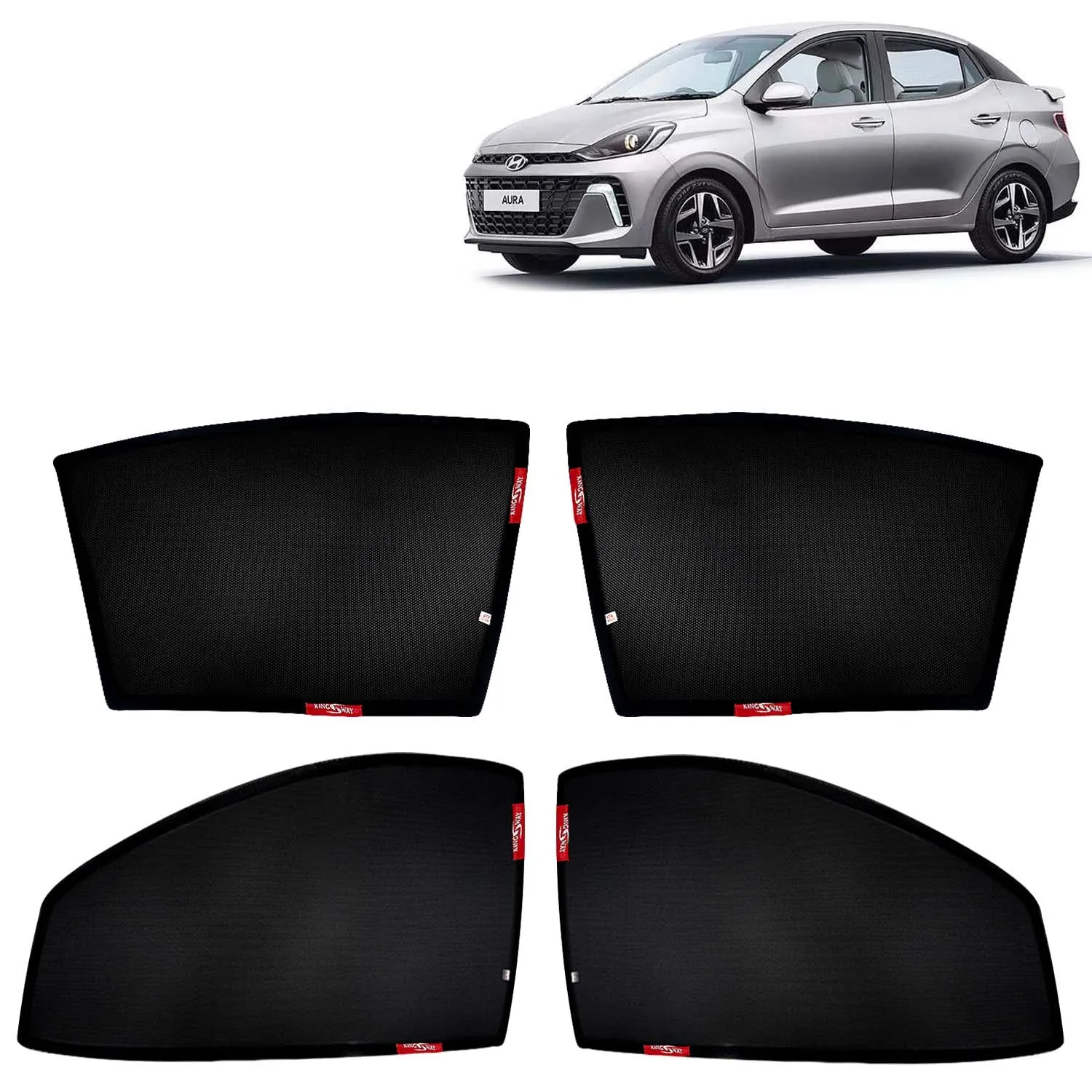 KINGSWAY® Aura Car Sun Shade Z-Black Non Magnetic Fix Type Curtains for 2023 Onwards Model, Compatible with Hyundai Aura Side Window Car Sunshade, Only Half Cut in Front Window, Black, 4 Piece