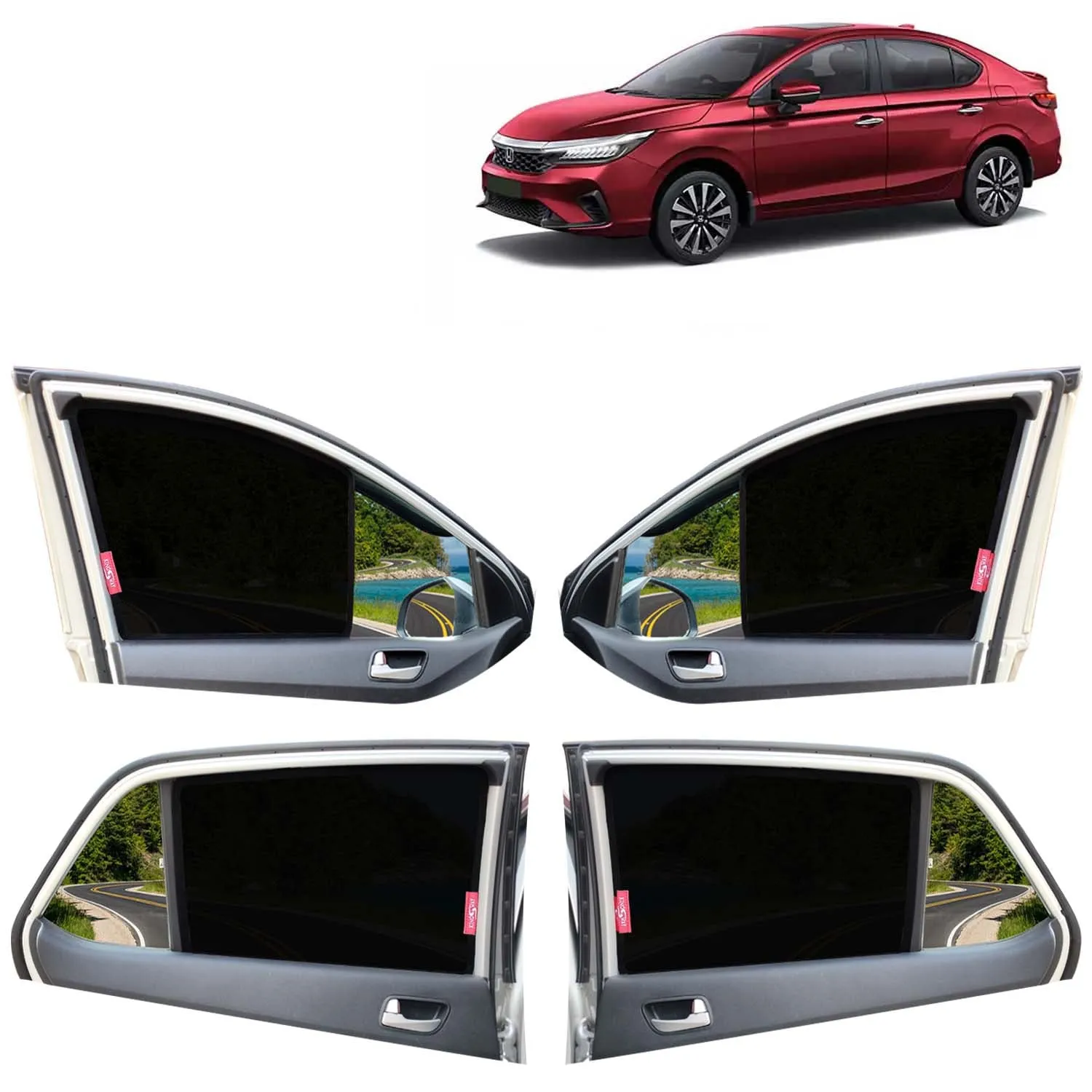KINGSWAY® City Car Sun Shade Z-Black Non Magnetic Fix Type Curtains for 2023 Onwards Model, Compatible with Honda City Side Window Car Sunshade, Only Half Cut in Front Window, Black, 4 Piece