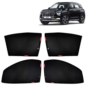 KINGSWAY® Creta Car Sun Shade Z-Black Non Magnetic Fix Type Curtains for 2020 to 2023 Model, Compatible with Hyundai Creta Side Window Car Sunshade, Only Half Cut in Front Window, Black, 4 Piece