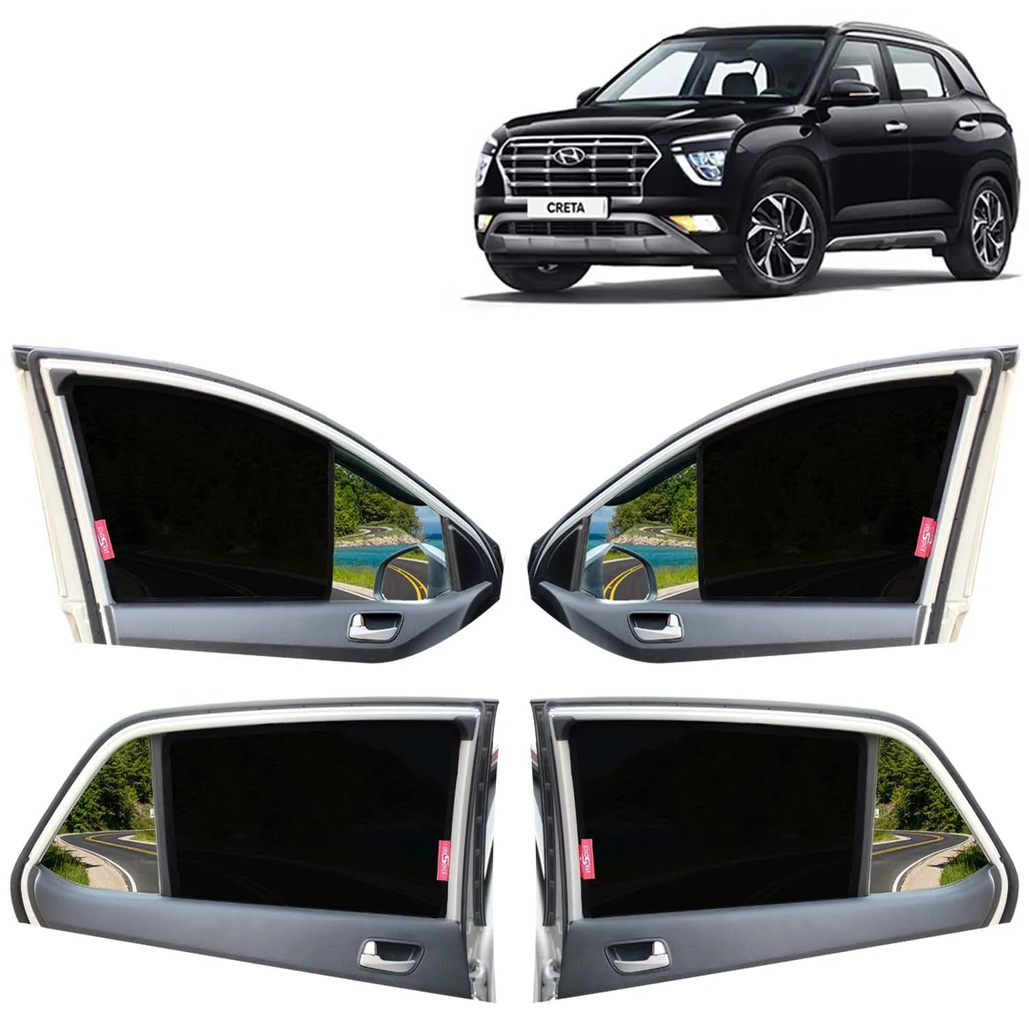 KINGSWAY® Creta Car Sun Shade Z-Black Non Magnetic Fix Type Curtains for 2020 to 2023 Model, Compatible with Hyundai Creta Side Window Car Sunshade, Only Half Cut in Front Window, Black, 4 Piece