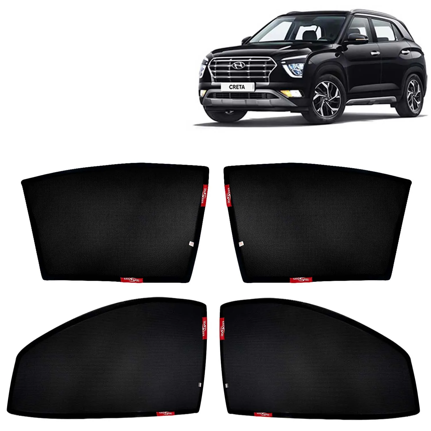 KINGSWAY® Creta Car Sun Shade Z-Black Non Magnetic Fix Type Curtains for 2020 to 2023 Model, Compatible with Hyundai Creta Side Window Car Sunshade, Only Half Cut in Front Window, Black, 4 Piece