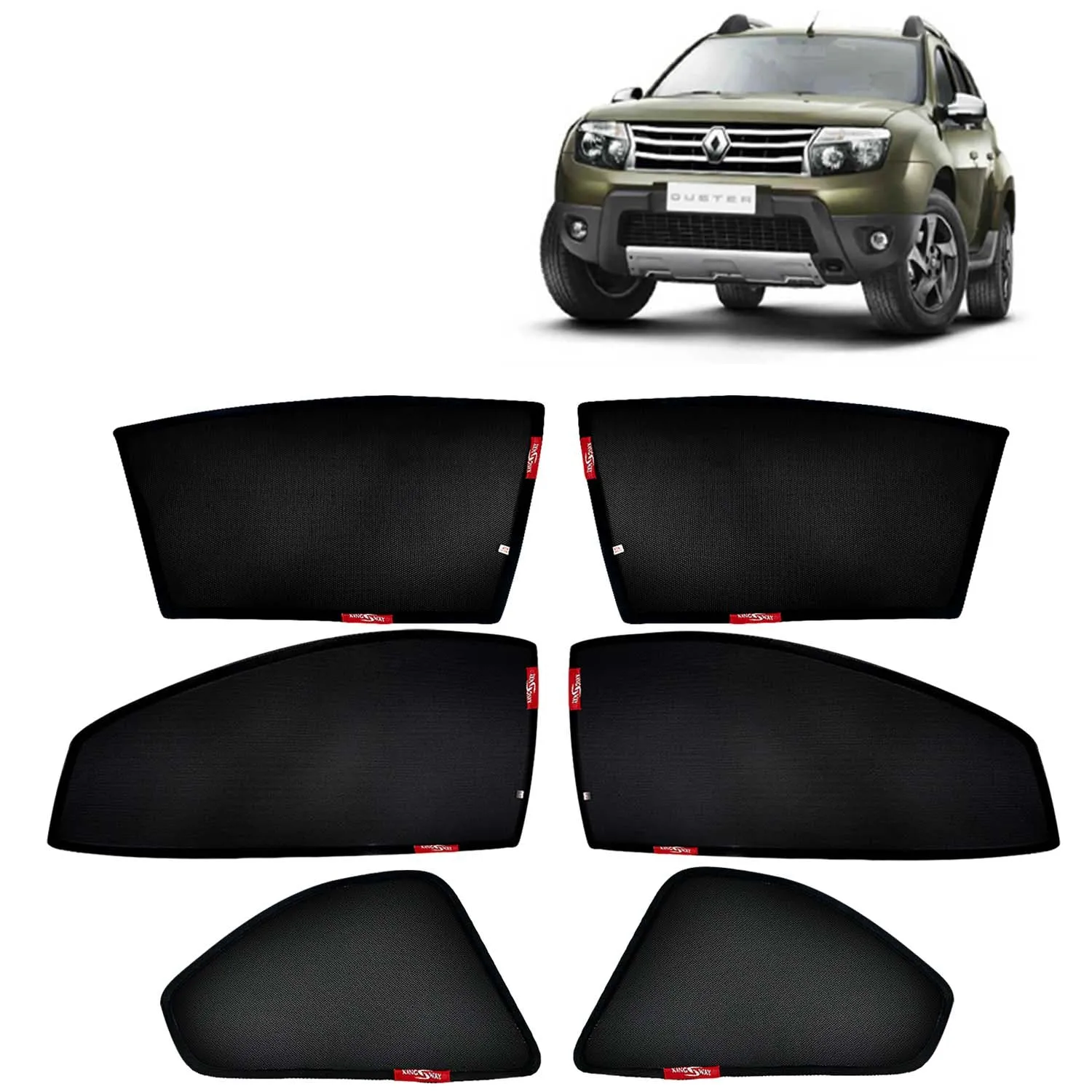 KINGSWAY® Duster Car Sun Shade Z-Black Non Magnetic Fix Type Curtains for 2012 to 2014 Model, Compatible with Renault Duster Side Window Car Sunshade, Only Half Cut in Front Window, Black, 6 Piece