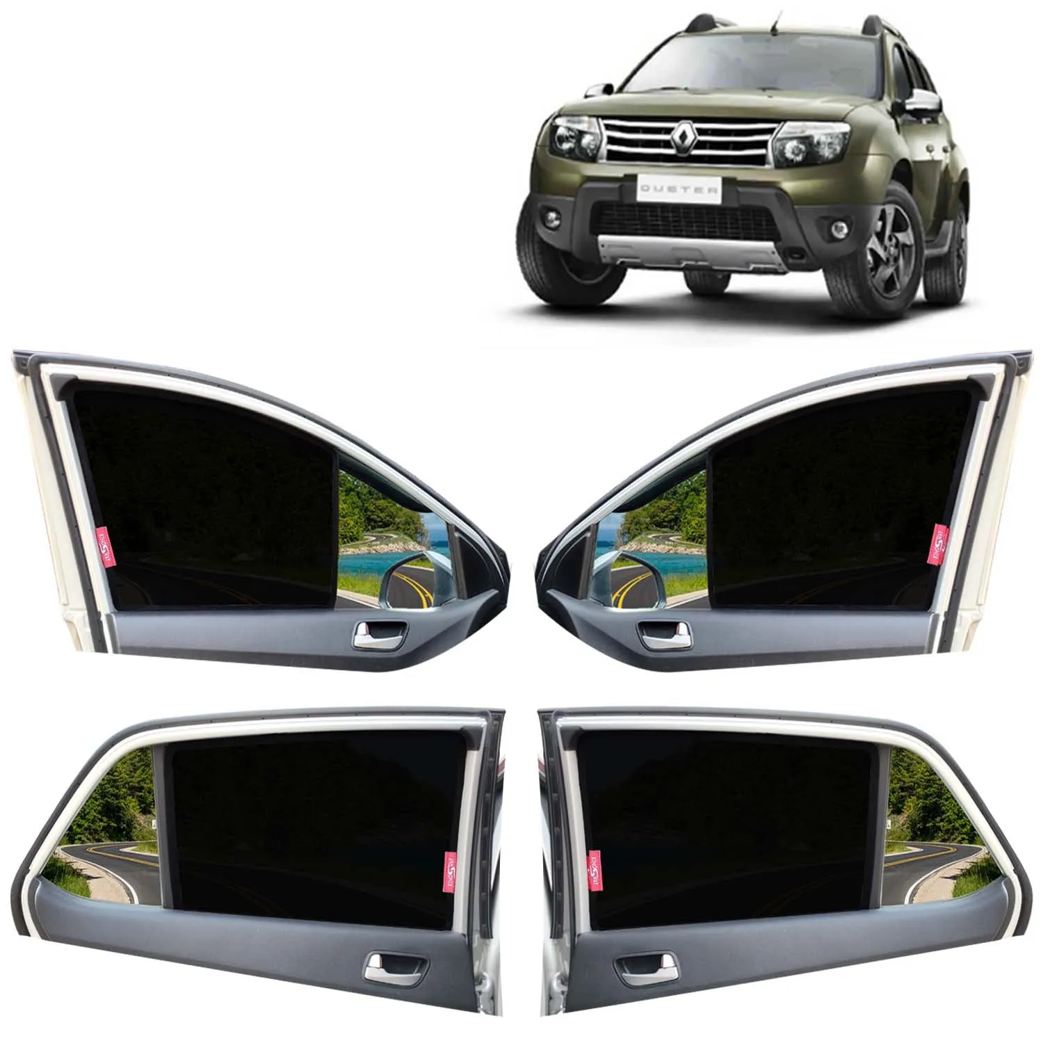 KINGSWAY® Duster Car Sun Shade Z-Black Non Magnetic Fix Type Curtains for 2012 to 2014 Model, Compatible with Renault Duster Side Window Car Sunshade, Only Half Cut in Front Window, Black, 6 Piece