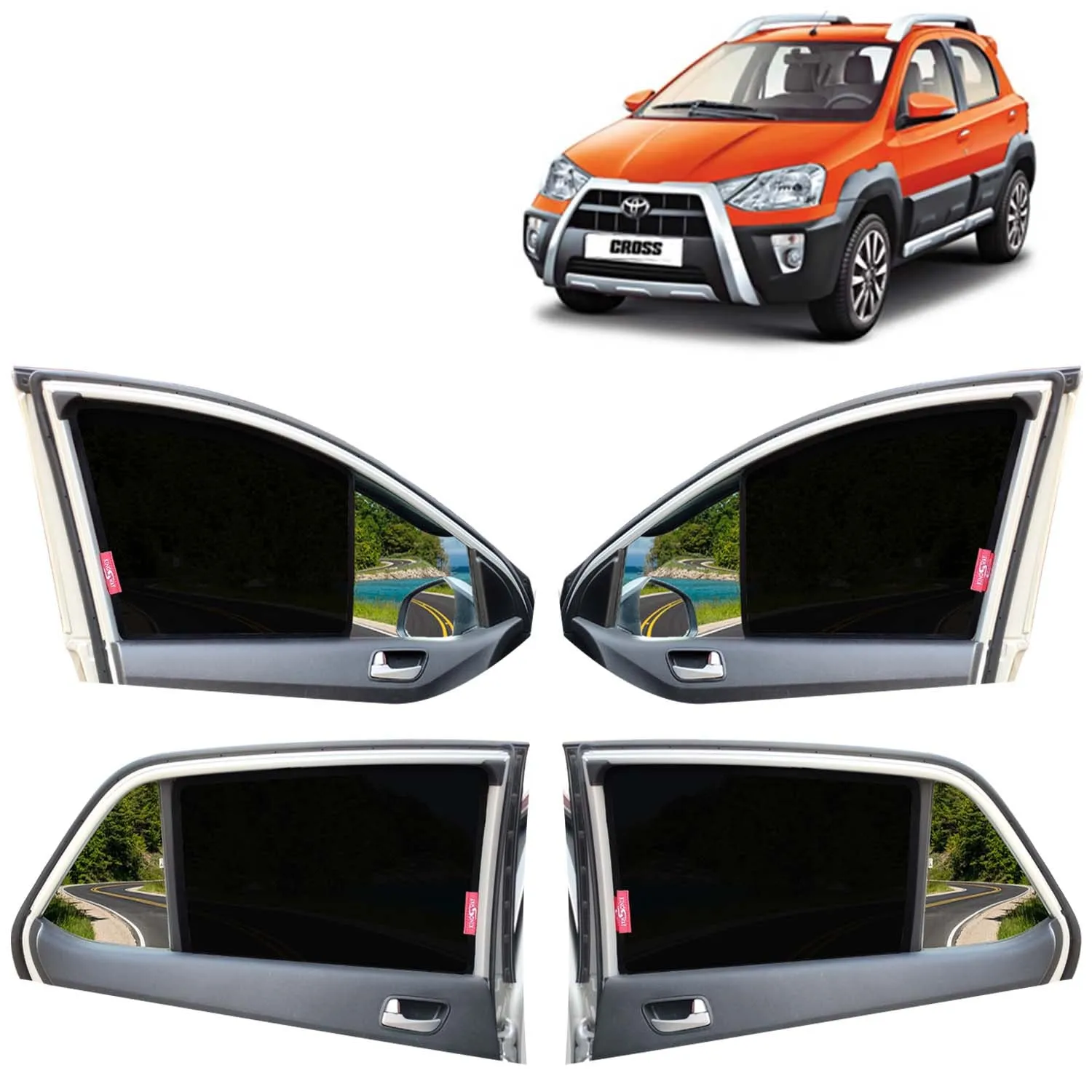KINGSWAY® Etios Cross Car Sun Shade Z-Black Non Magnetic Fix Type Curtains for 2014 to 2020 Model, Compatible with Toyota Etios Cross Side Window Car Sunshade, Only Half Cut in Front Window, 4 Piece