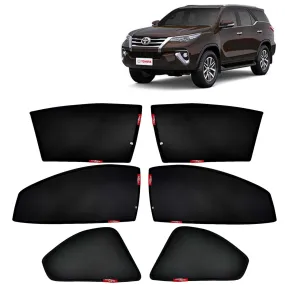 KINGSWAY® Fortuner Car Sun Shade Z-Black Non Magnetic Fix Type Curtains for 2017 to 2020 Model, Compatible with Toyota Fortuner Side Window Car Sunshade, Only Half Cut in Front Window, Black, 6 Piece