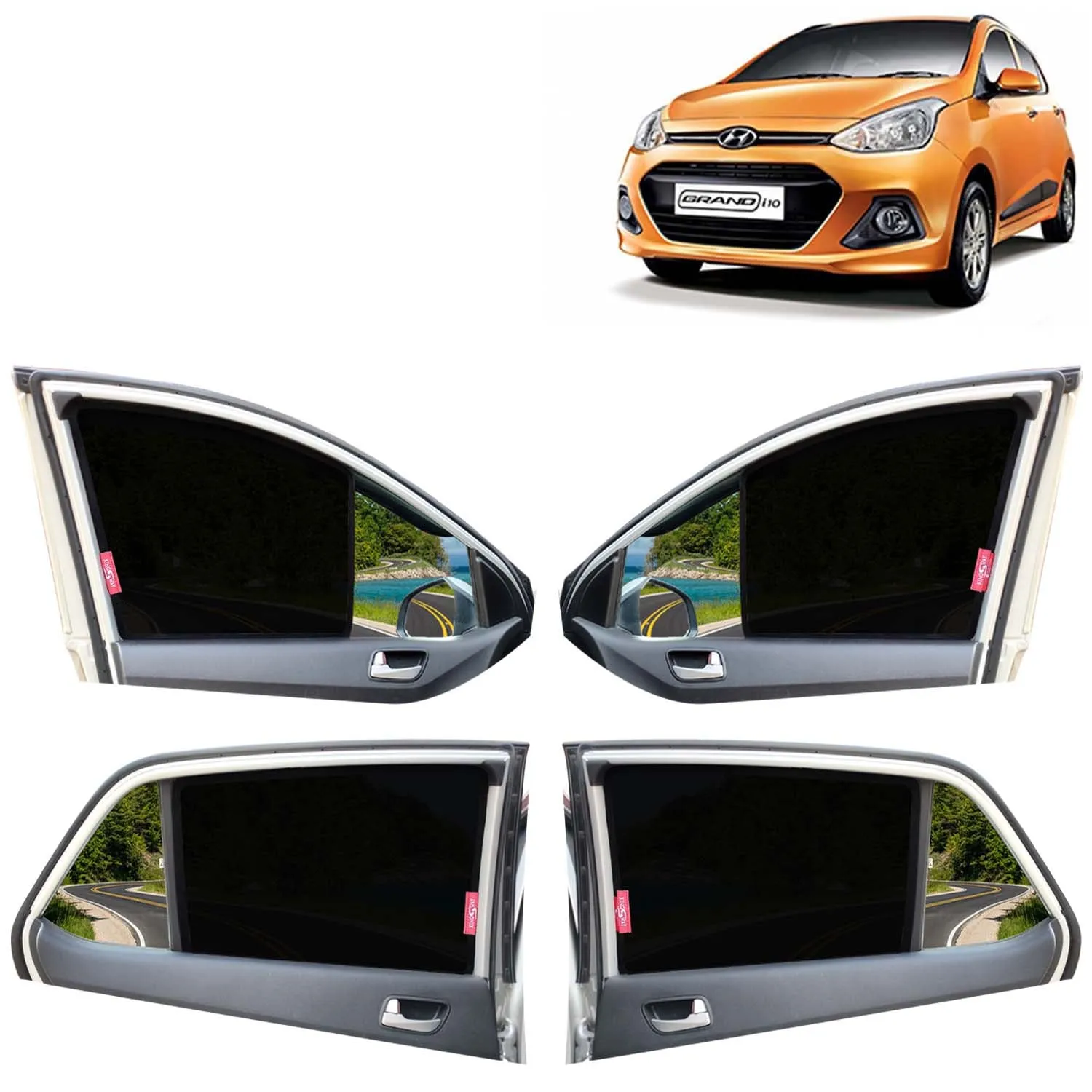 KINGSWAY® Grand i10 Car Sun Shade Z-Black Non Magnetic Fix Type Curtains for 2013 to 2017 Model, Compatible with Hyundai Grand i10 Side Window Car Sunshade, Only Half Cut in Front Window, 4 Piece