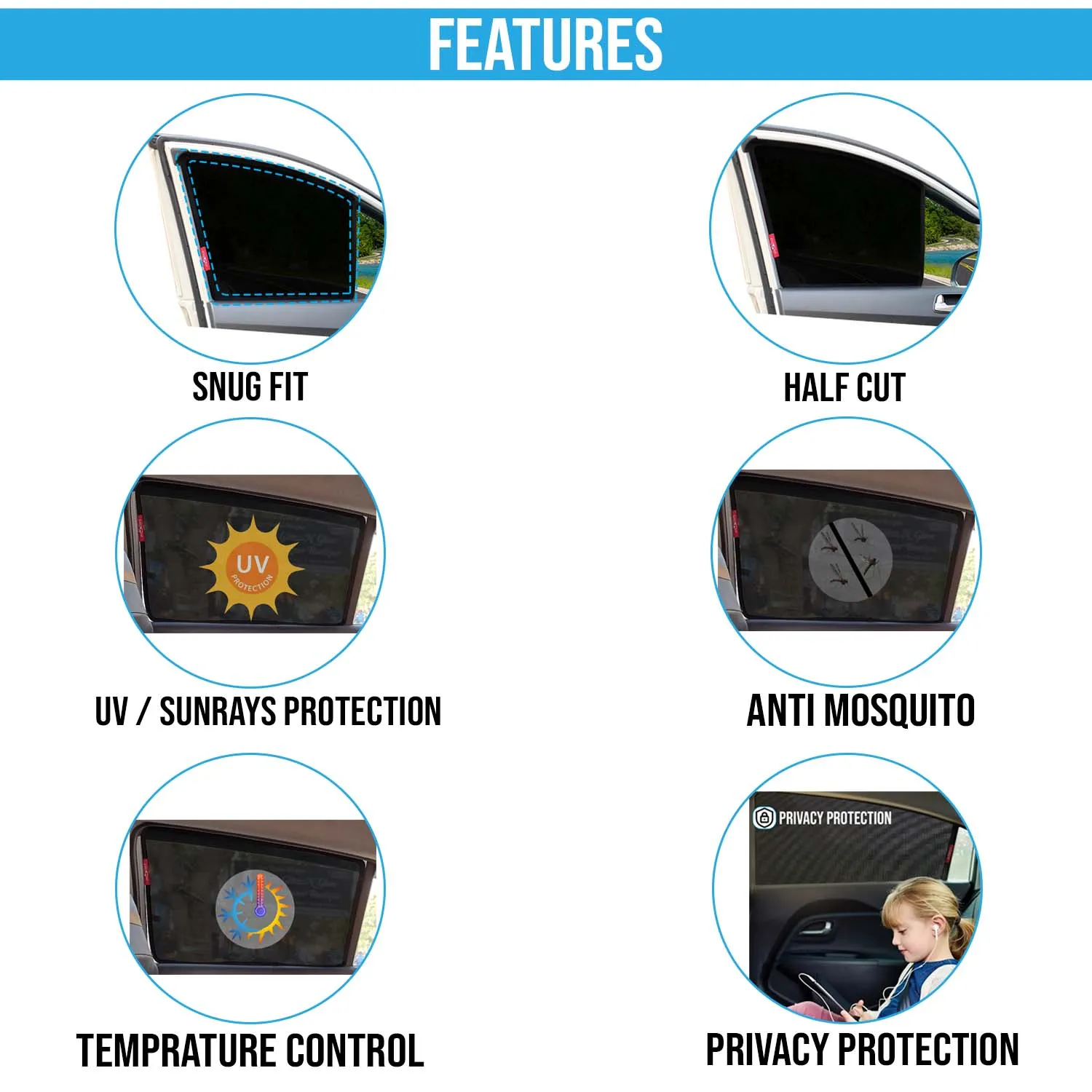 KINGSWAY® Grand i10 Car Sun Shade Z-Black Non Magnetic Fix Type Curtains for 2017 to 2019 Model, Compatible with Hyundai Grand i10 Side Window Car Sunshade, Only Half Cut in Front Window, 4 Piece