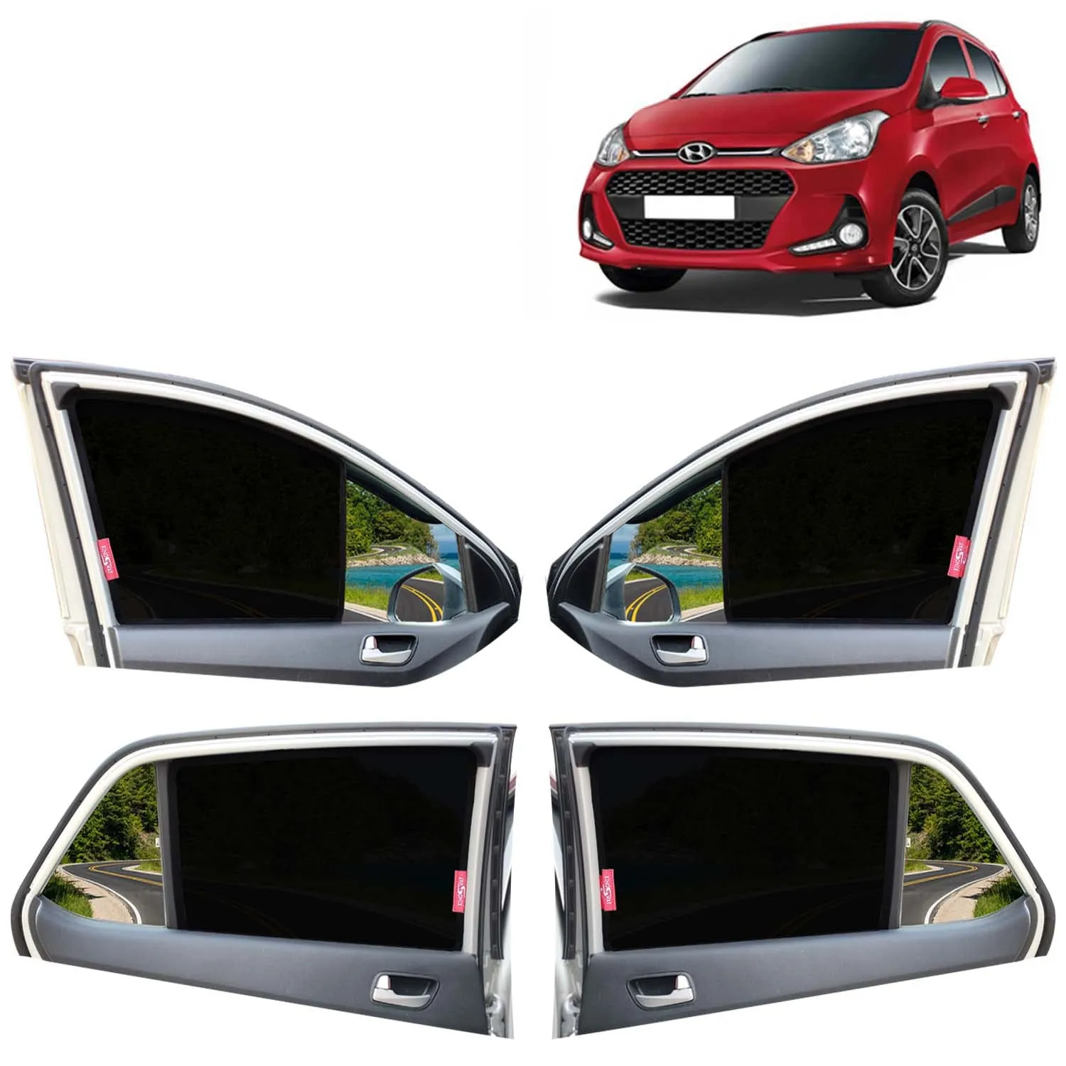 KINGSWAY® Grand i10 Car Sun Shade Z-Black Non Magnetic Fix Type Curtains for 2017 to 2019 Model, Compatible with Hyundai Grand i10 Side Window Car Sunshade, Only Half Cut in Front Window, 4 Piece