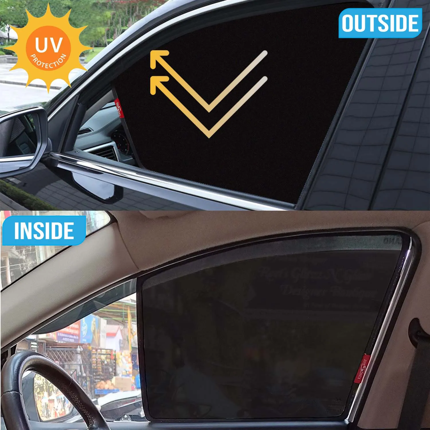 KINGSWAY® Grand i10 Car Sun Shade Z-Black Non Magnetic Fix Type Curtains for 2017 to 2019 Model, Compatible with Hyundai Grand i10 Side Window Car Sunshade, Only Half Cut in Front Window, 4 Piece