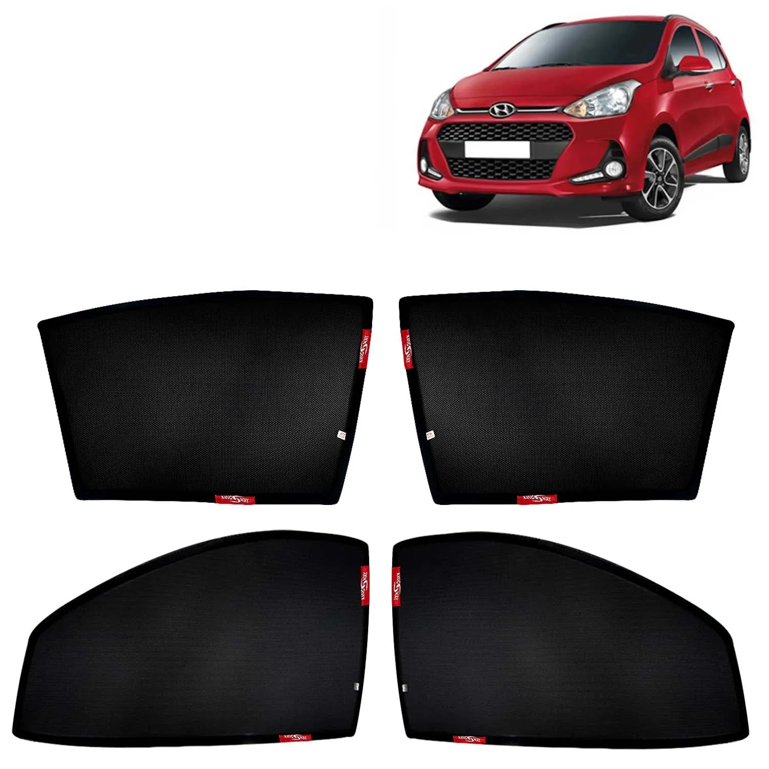 KINGSWAY® Grand i10 Car Sun Shade Z-Black Non Magnetic Fix Type Curtains for 2017 to 2019 Model, Compatible with Hyundai Grand i10 Side Window Car Sunshade, Only Half Cut in Front Window, 4 Piece