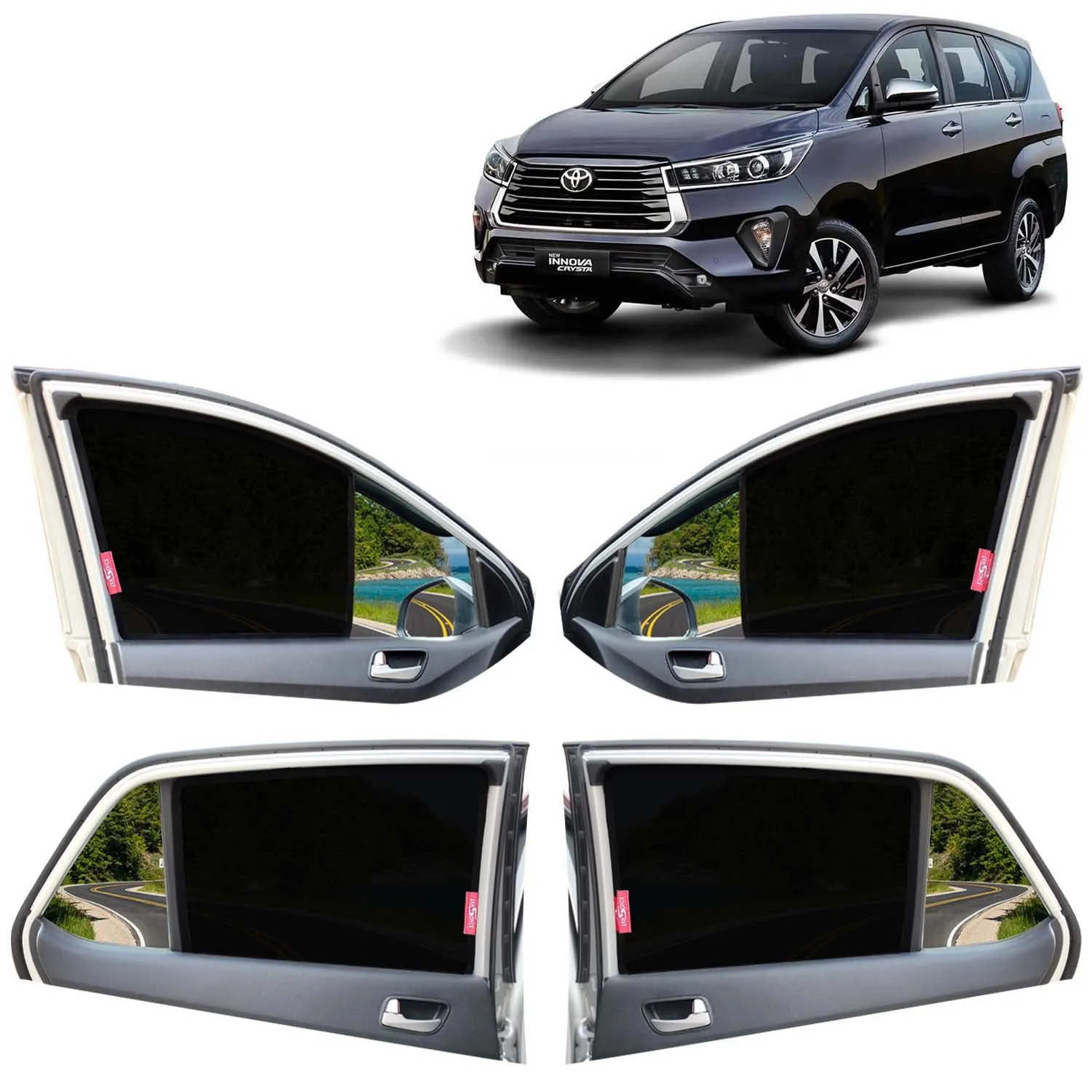 KINGSWAY® Innova Crysta Car Sun Shade Z-Black Non Magnetic Fix Type Curtains for 2021 Onwards Model, Compatible with Toyota Innova Crysta Side Window Sunshade, Only Half Cut in Front Window, 6 Pcs