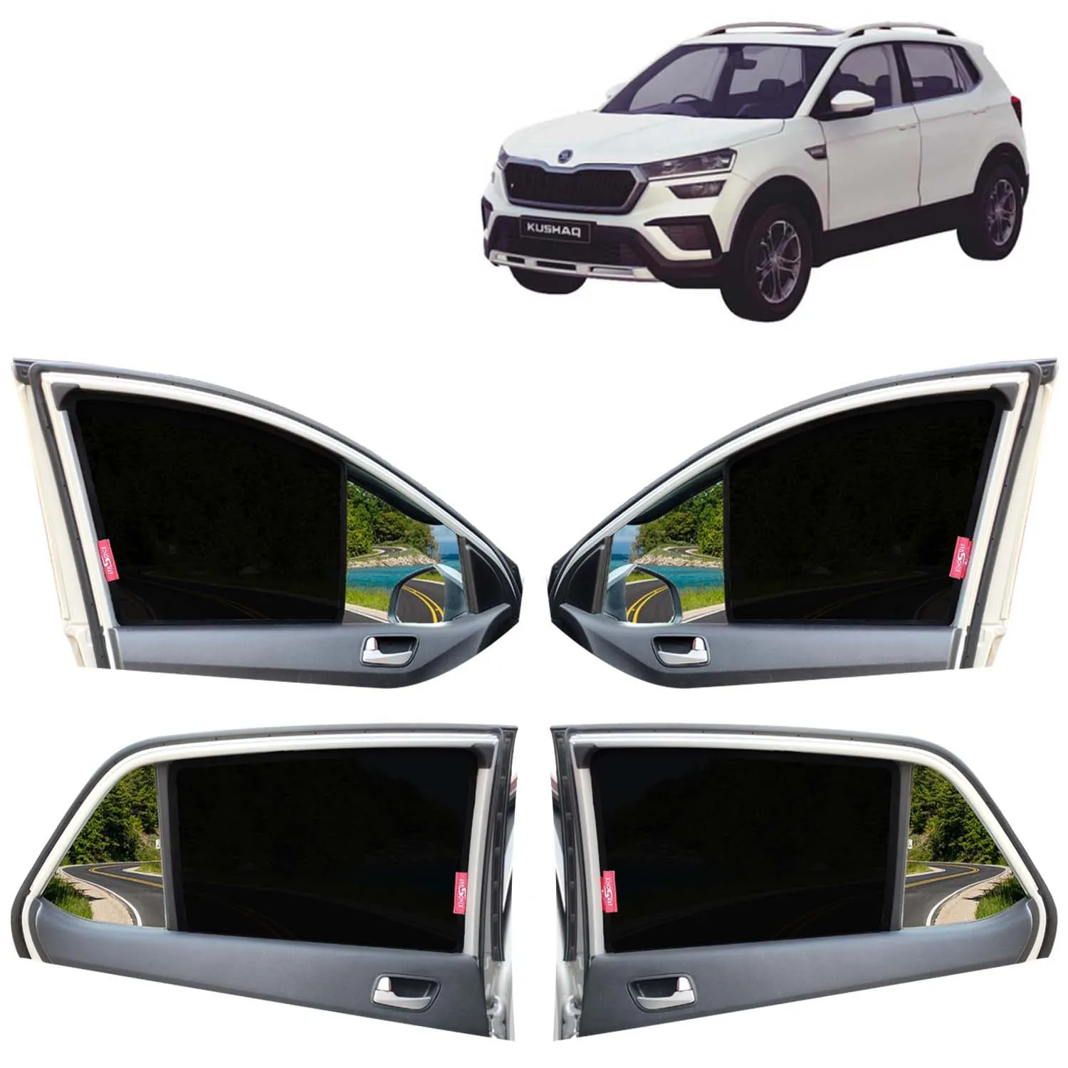 KINGSWAY® Kushaq Car Sun Shade Z-Black Non Magnetic Fix Type Curtains for 2021 Onwards Model, Compatible with Skoda Kushaq Side Window Car Sunshade, Only Half Cut in Front Window, Black, 4 Piece