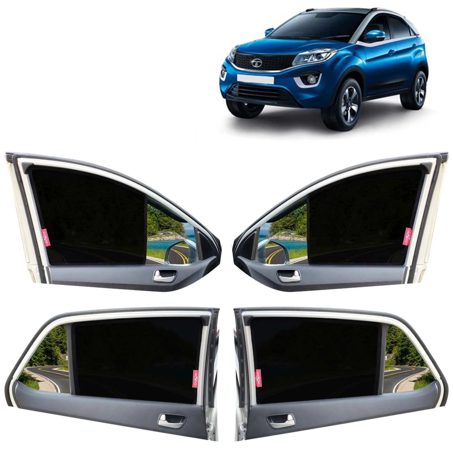 KINGSWAY® Nexon Car Sun Shade Z-Black Non Magnetic Fix Type Curtains for 2017 to 2019 Model, Compatible with Tata Nexon Side Window Car Sunshade, Only Half Cut in Front Window, Black, 4 Piece
